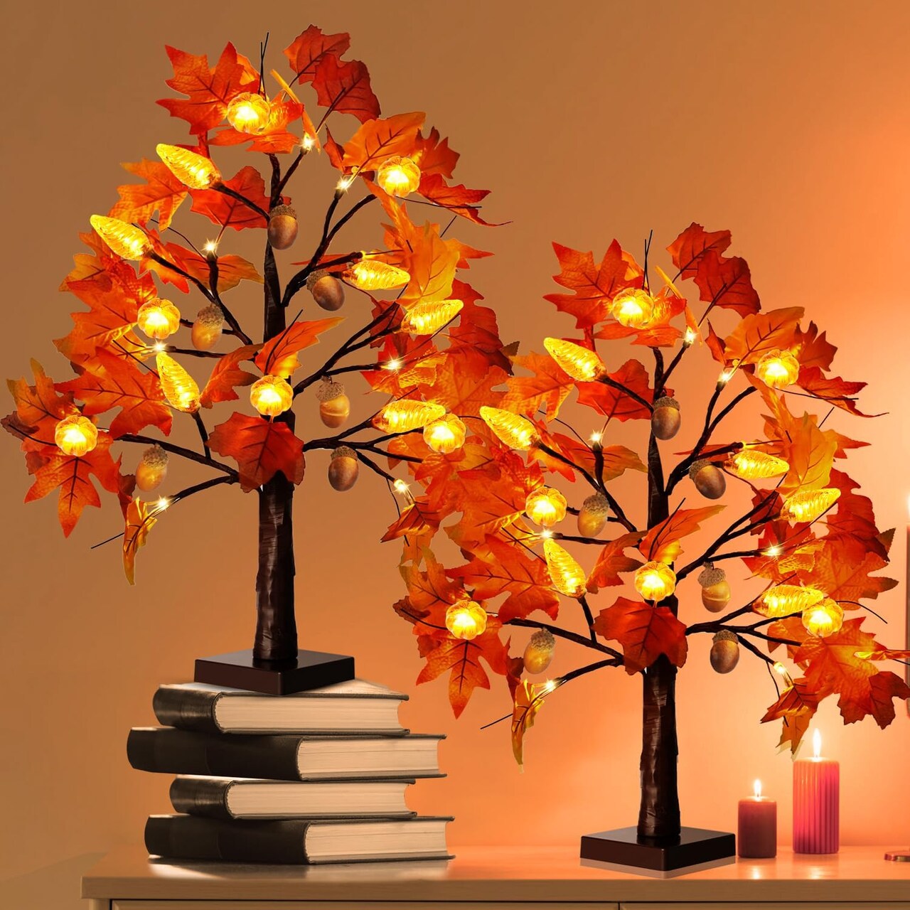 2 Pack Fall Lighted Maple Leaf Table Tree With 24 LED Lights (Orange)